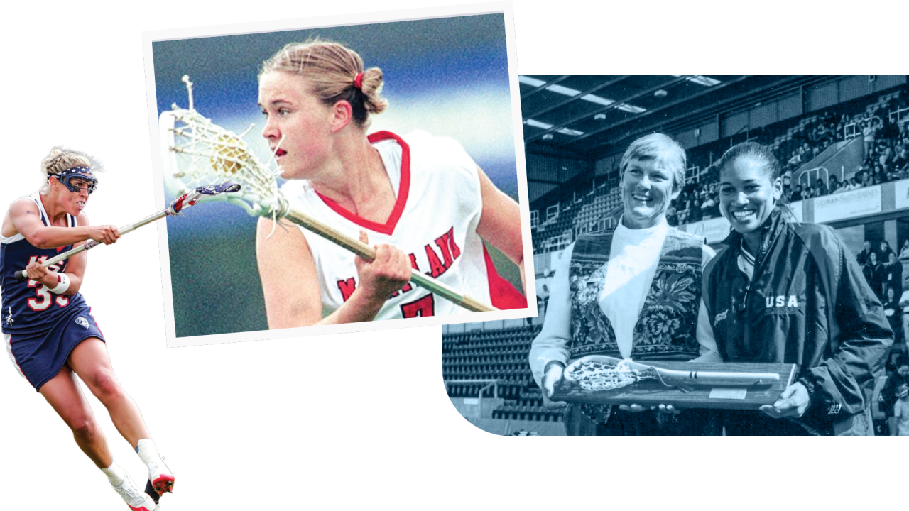 Kristen Kjellman Marshall, Jen Adams and Cherie Greer Brown in collage of images representing the era of 1991-2009 in wmoen's lacrosse