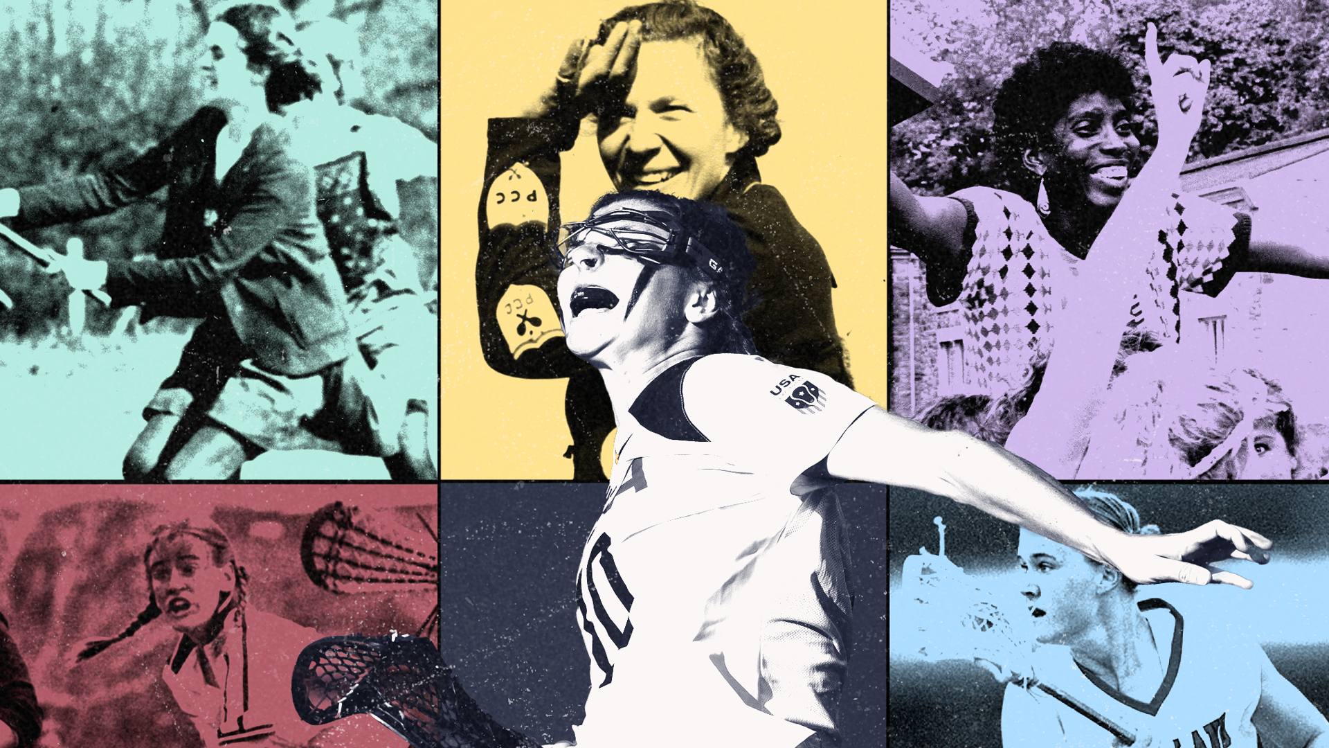 Graphic with images of women's lacrosse players over the last 100 years with Charlotte North in the center