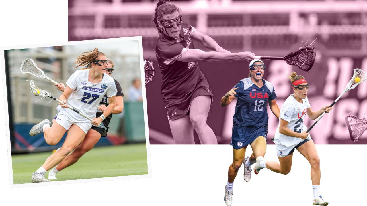 Izzy Scane, Charlotte North, Kayla Treanor and Taylor Cummings in a collage of women's lacrosse action images from the modern era
