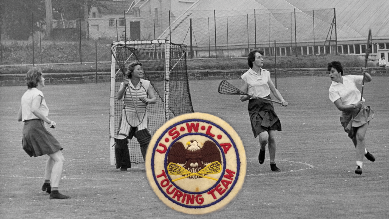 Image of 1964 U.S. Women's Touring Team in action and USWLA Touring Team patch