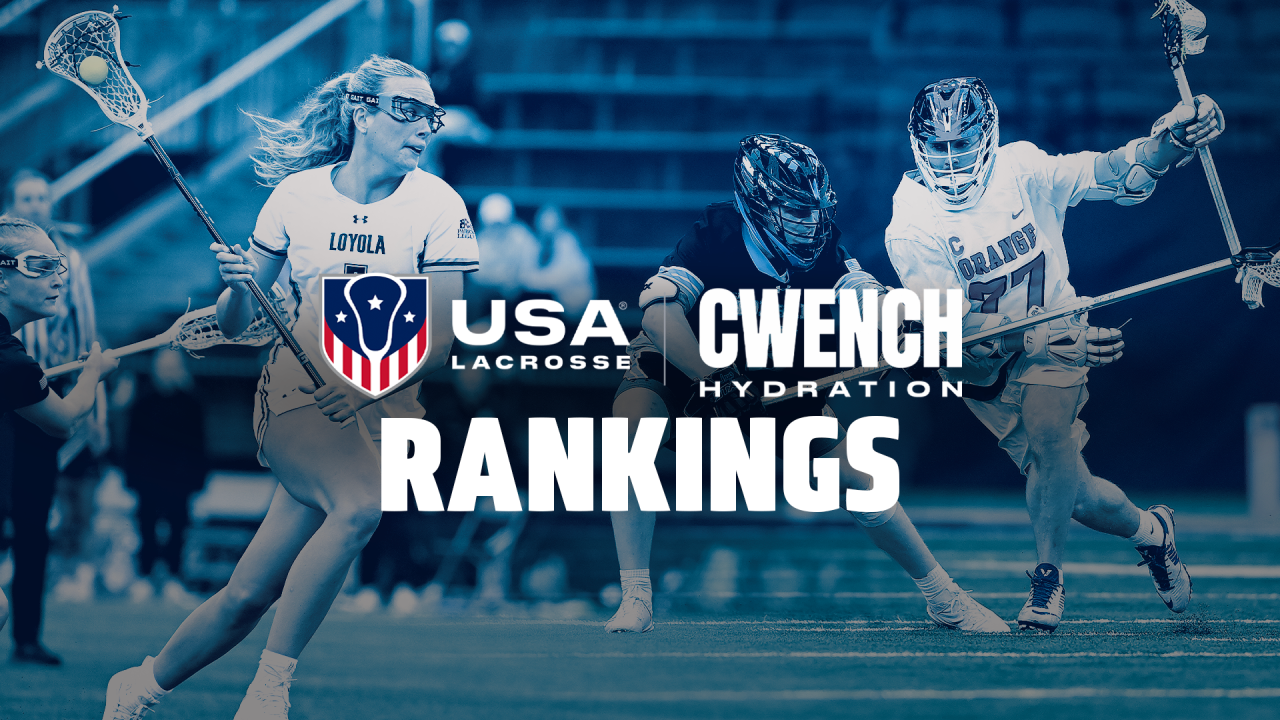 USA Lacrosse and Cwench Hydration with Rankings text in foreground and college lacrosse action imagery in background
